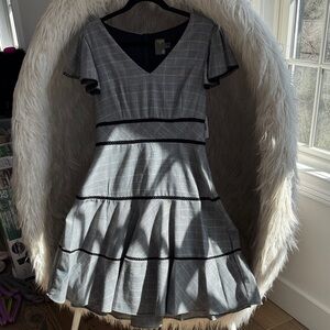 Taylor Blk/Ivory Plaid Fit-and-Flare Dress with Black Trim